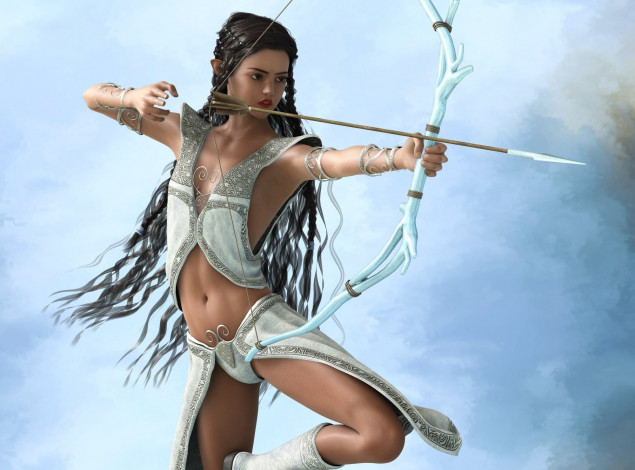 Обои картинки фото 3д графика, эльфы , elves, оружие, фон, взгляд, эльфийка