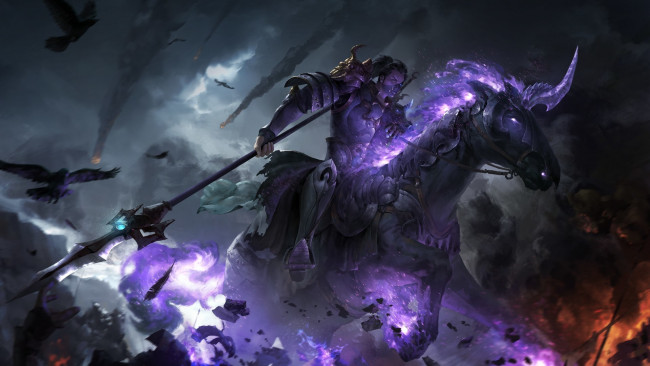 Обои картинки фото фэнтези, нежить, арт, пламя, бой, конь, воин, рыцарь
