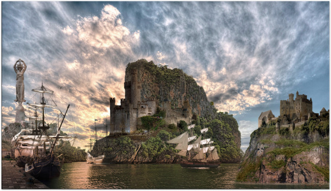 Обои картинки фото фэнтези, фотоарт, бухта, парусник