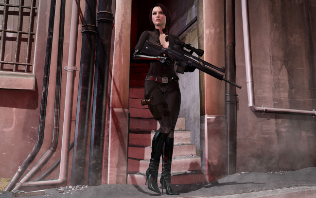 Обои картинки фото 3д графика, люди , people, оружие, фон, взгляд, девушка