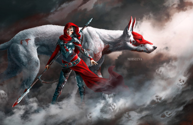 Обои картинки фото фэнтези, красавицы и чудовища, черепа, туман, животное, кровь, оружие, поза, взгляд, девушка, арт, фантастика