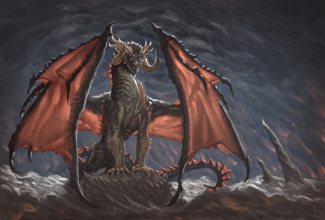 Обои картинки фото фэнтези, драконы, рога, взгляд, дракон, пещера, когти, фантастика, арт, крылья