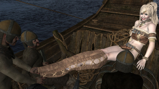 Обои картинки фото 3д графика, люди , people, фон, взгляд, девушка, варяги, лодка, улыбка, море