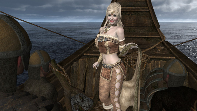 Обои картинки фото 3д графика, люди , people, лодка, варяги, улыбка, море, фон, взгляд, девушка