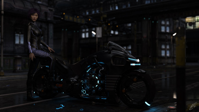 Обои картинки фото 3д графика, люди-авто, мото , people- car ,  moto, взгляд, девушка, фон, мотоцикл