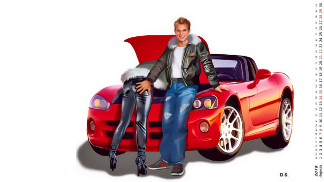 Обои картинки фото календари, рисованные,  векторная графика, девушка, машина, юноша, взгляд