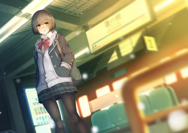 Обои картинки фото аниме, город,  улицы,  интерьер,  здания, девушка