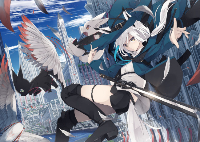 Обои картинки фото аниме, животные,  существа, взгляд, фон, девушка