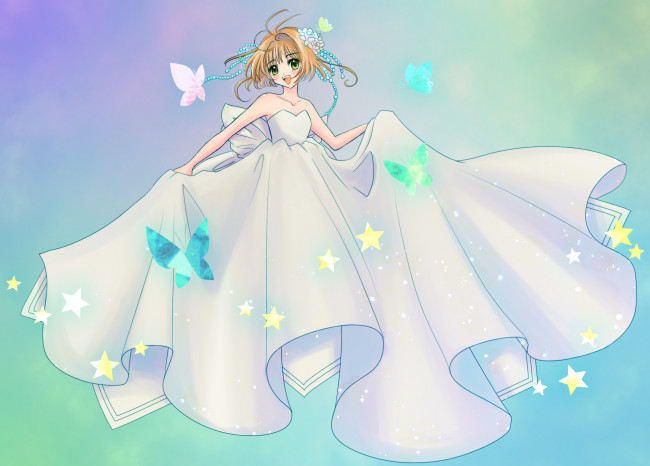 Обои картинки фото аниме, card captor sakura, взгляд, девушка, фон