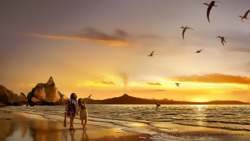 Картинка календари фэнтези водоем динозавр мужчина женщина берег