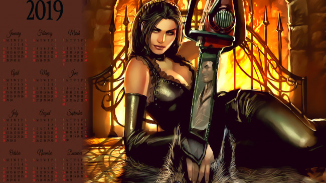 Обои картинки фото календари, фэнтези, девушка, оружие, отражение, мужчина