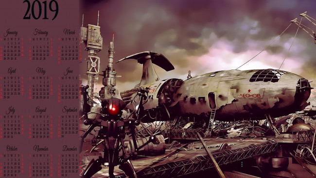 Обои картинки фото календари, фэнтези, робот, механизм, леонов, самолет, аппарат