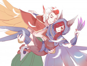 Картинка видео+игры league+of+legends rakan xayah перья крылья пара