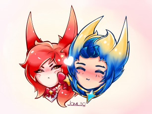 обоя видео игры, league of legends, rakan, xayah, пара, чиби