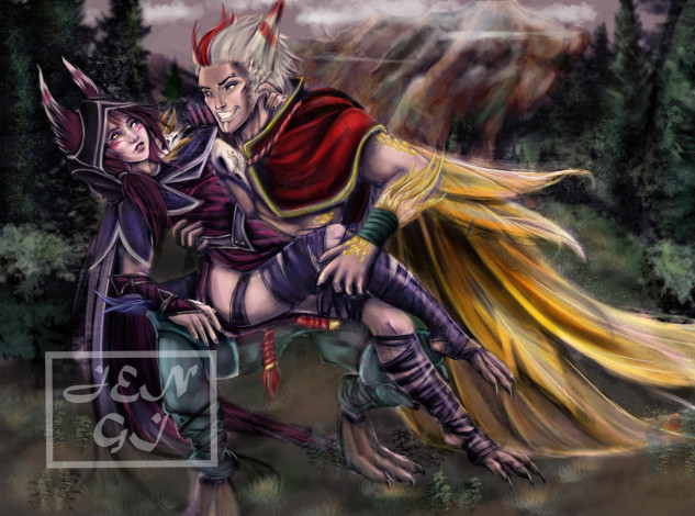 Обои картинки фото видео игры, league of legends, rakan, xayah, пара, природа