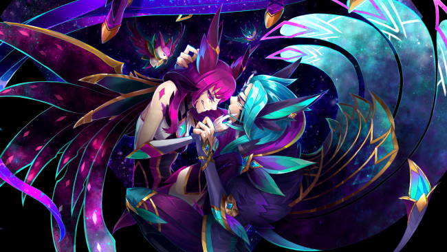 Обои картинки фото видео игры, league of legends, rakan, xayah, пара, крылья