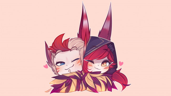 Обои картинки фото видео игры, league of legends, rakan, xayah, пара, любовь, чиби