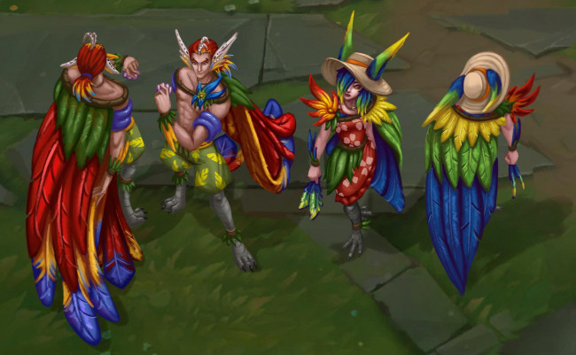 Обои картинки фото видео игры, league of legends, rakan, xayah, перья, крылья, шляпа