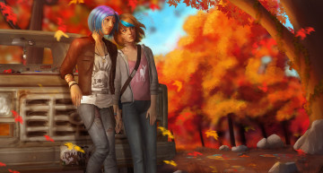 обоя 3д графика, люди-авто, мото , people- car ,  moto, девушки, фон, осень, автомобиль