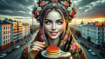 Картинка 3д+графика праздники+ holidays русская красавица масленница икра оладьи