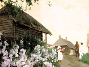 Картинка андрей+шильдер рисованное деревья дома цветы люди дорога девочка