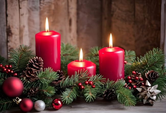 Обои картинки фото праздничные, новогодние свечи, шишки, свечи, шарики, огоньки