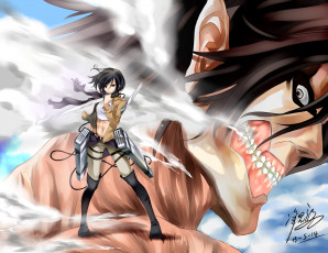 Картинка аниме shingeki+no+kyojin mikasa ackerman девушка дым оружие жест взгляд eren jaeger титан