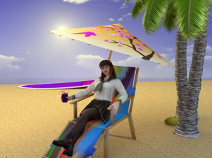Картинка 3д+графика anime+ аниме пляж шезлонг купальник взгляд девушка