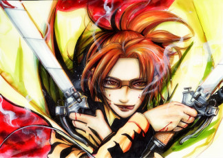 Картинка аниме shingeki+no+kyojin улыбка hanji zoe девушка art солдат клинки кровь язык