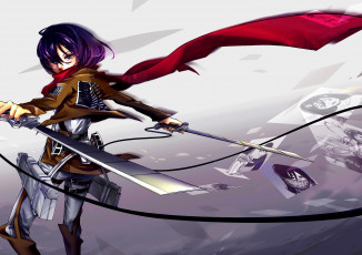 Картинка аниме shingeki+no+kyojin оружие жест спокойствие взгляд солдат клинки mikasa ackerman девушка