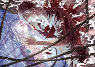 Картинка аниме shingeki+no+kyojin штыри кровь арт парень девушка лёд драма