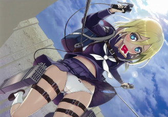 Картинка аниме shingeki+no+kyojin летит девушка привод трусики лезвия небо светлые волосы голубые глаза короткая юбка бутерброд