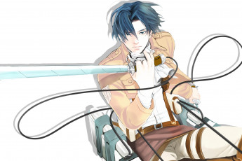 Картинка аниме shingeki+no+kyojin солдат форма клинки жест улыбка взгляд rivaille парень art