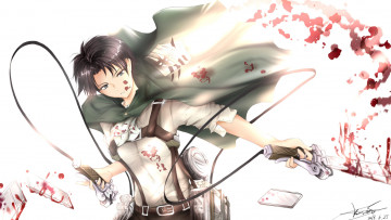 Картинка аниме shingeki+no+kyojin кровь клинки жест удивление белый фон плащ приспособления взгляд