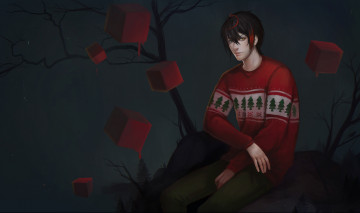 Картинка аниме *unknown+ другое гетерохромия разные глаза свитер красные кубы парень