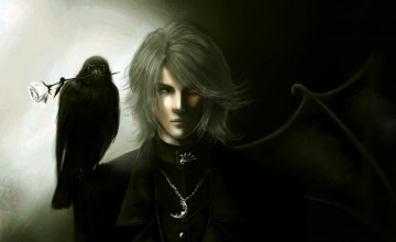 Картинка аниме -angels+&+demons ворон парень разные глаза гетерохромия крыло роза