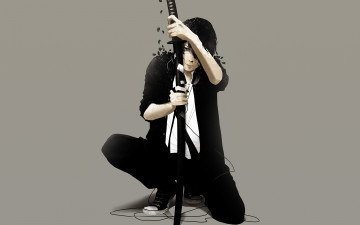 Картинка аниме -weapon +blood+&+technology меч лепестки парень провода катана