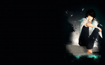 Картинка аниме *unknown+ другое белая рубашка черный фон сидит парень перья