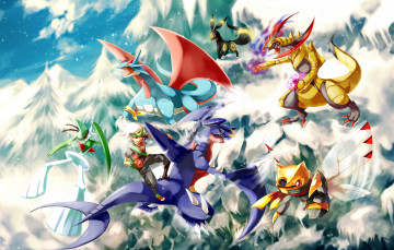 Картинка аниме pokemon парень покемоны арт снег горы облака небо ёлки