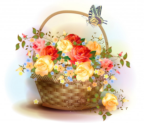 Обои картинки фото векторная графика, цветы, бабочка, корзина