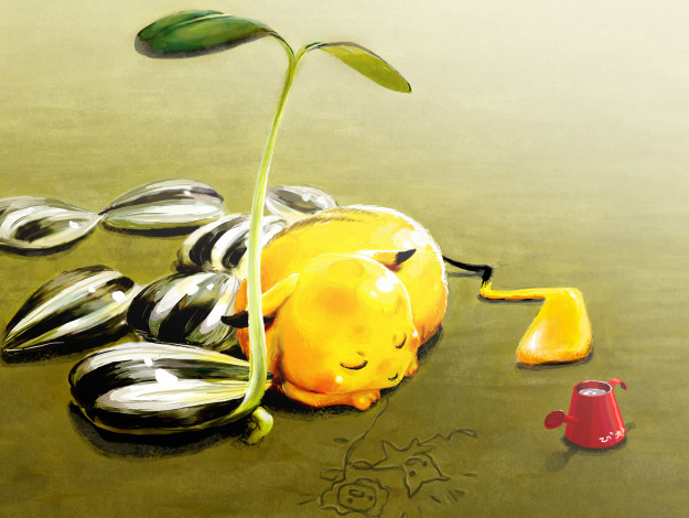 Обои картинки фото аниме, pokemon, лето, покемон, пикачу, лейка, песок