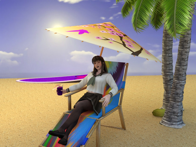 Обои картинки фото 3д графика, anime , аниме, пляж, шезлонг, купальник, взгляд, девушка
