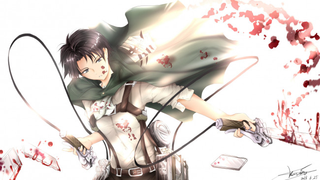 Обои картинки фото аниме, shingeki no kyojin, кровь, клинки, жест, удивление, белый, фон, плащ, приспособления, взгляд