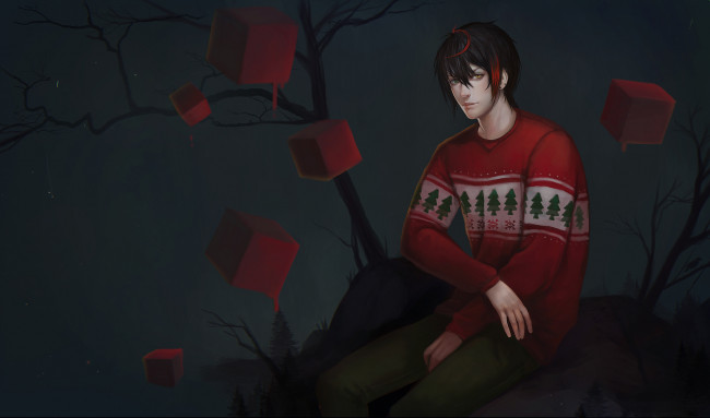Обои картинки фото аниме, *unknown , другое, гетерохромия, разные, глаза, свитер, красные, кубы, парень