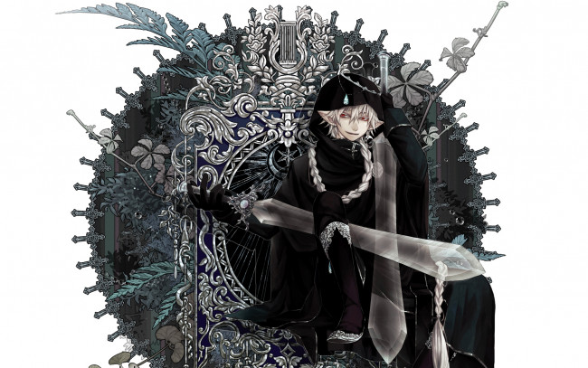 Обои картинки фото аниме, -angels & demons, коса, мечи, красные, глаза, парень