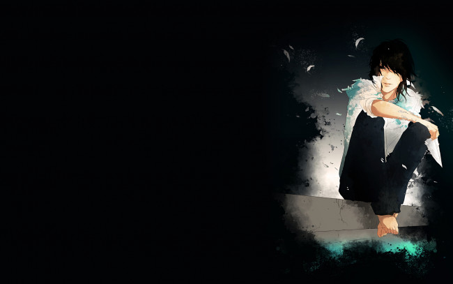 Обои картинки фото аниме, *unknown , другое, белая, рубашка, черный, фон, сидит, парень, перья