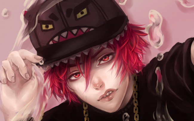 Обои картинки фото аниме, *unknown , другое, красные, глаза, волосы, кепка, парень, цепочка