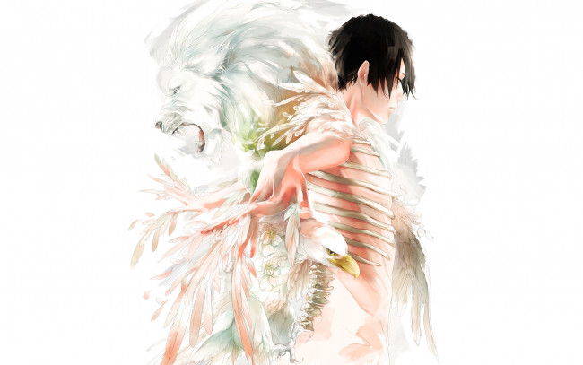 Обои картинки фото аниме, *unknown , другое, перья, лев, парень, кости, птица