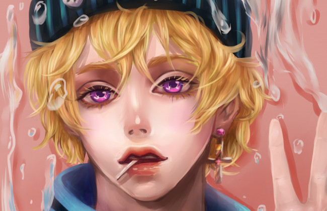 Обои картинки фото аниме, *unknown , другое, капли, вода, крест, серьга, парень