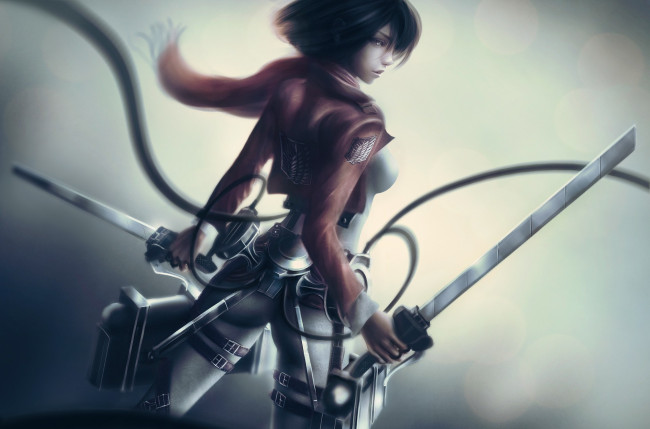 Обои картинки фото аниме, shingeki no kyojin, mikasa, ackerman, shingeki, no, kyojin, шарф, провод, ремни, спиной, клинки, меч, девушка, вторжение, титанов, attack, on, titan, арт